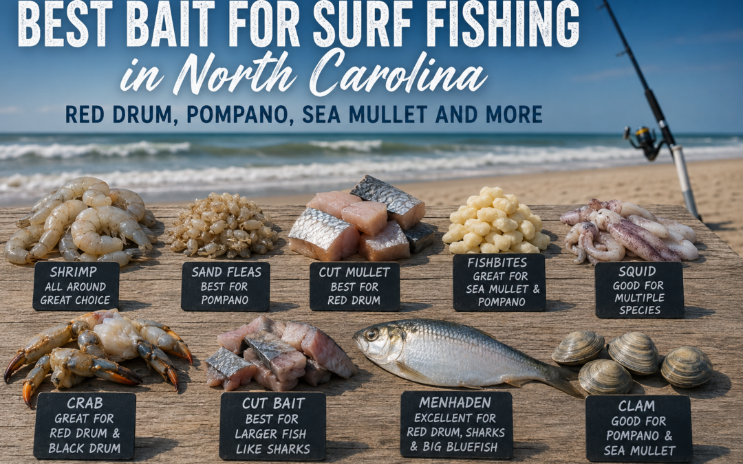 Best bait for surf fishing in North Carolina including shrimp, sand fleas, cut mullet, and Fishbites