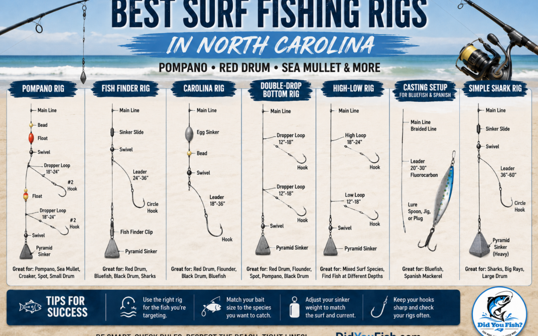 Best surf fishing rigs in North Carolina for pompano, red drum, sea mullet, bluefish, and sharks