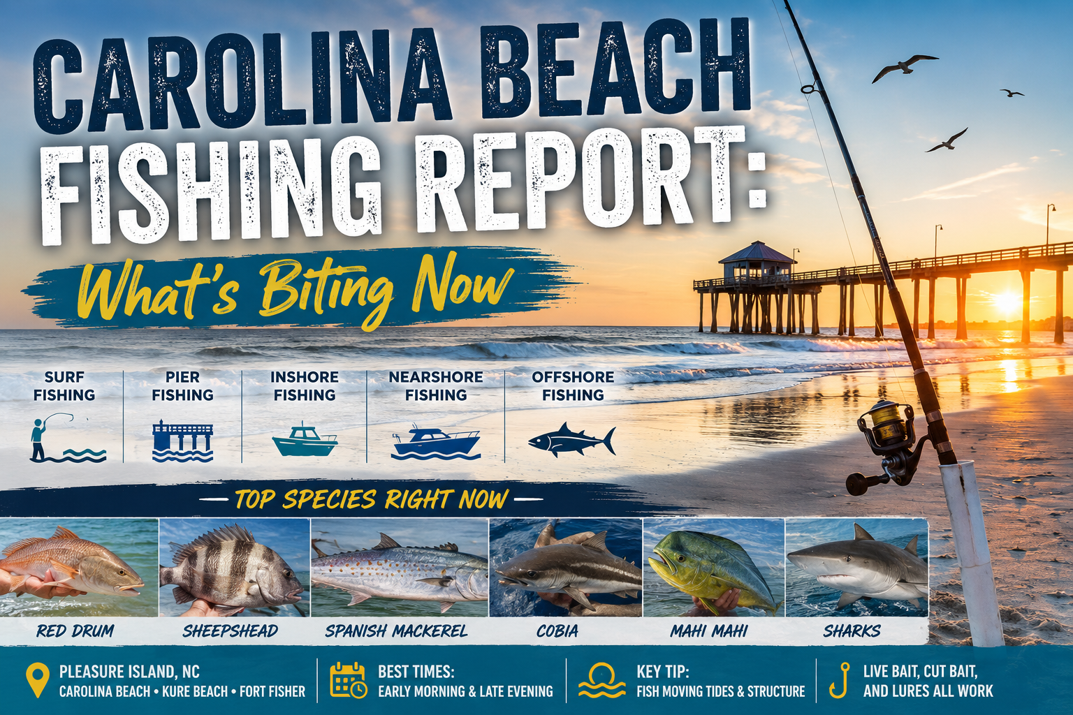 Carolina Beach fishing report graphic for surf, pier, inshore, nearshore, and offshore fishing