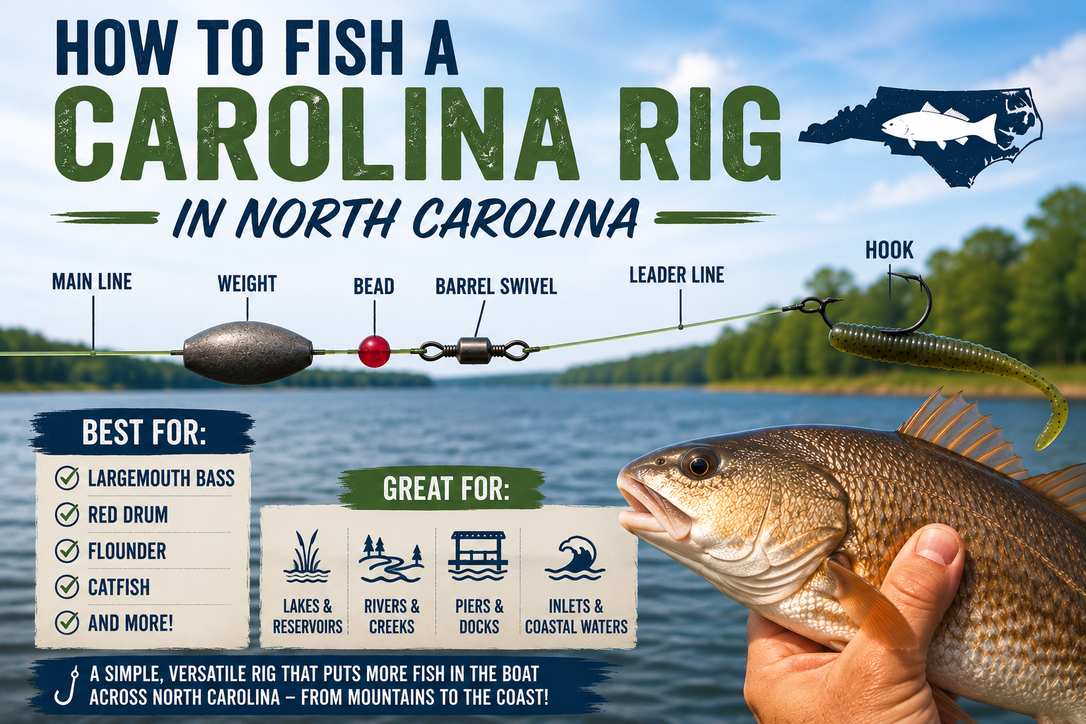 How to fish a Carolina rig in North Carolina for bass, red drum, flounder, and catfish