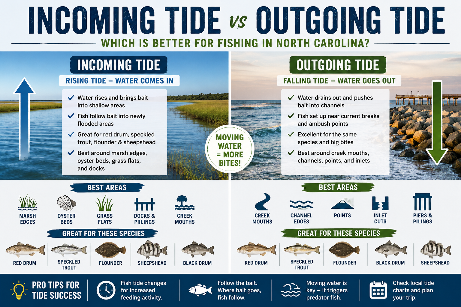 Incoming tide and outgoing tide fishing conditions along the North Carolina coast