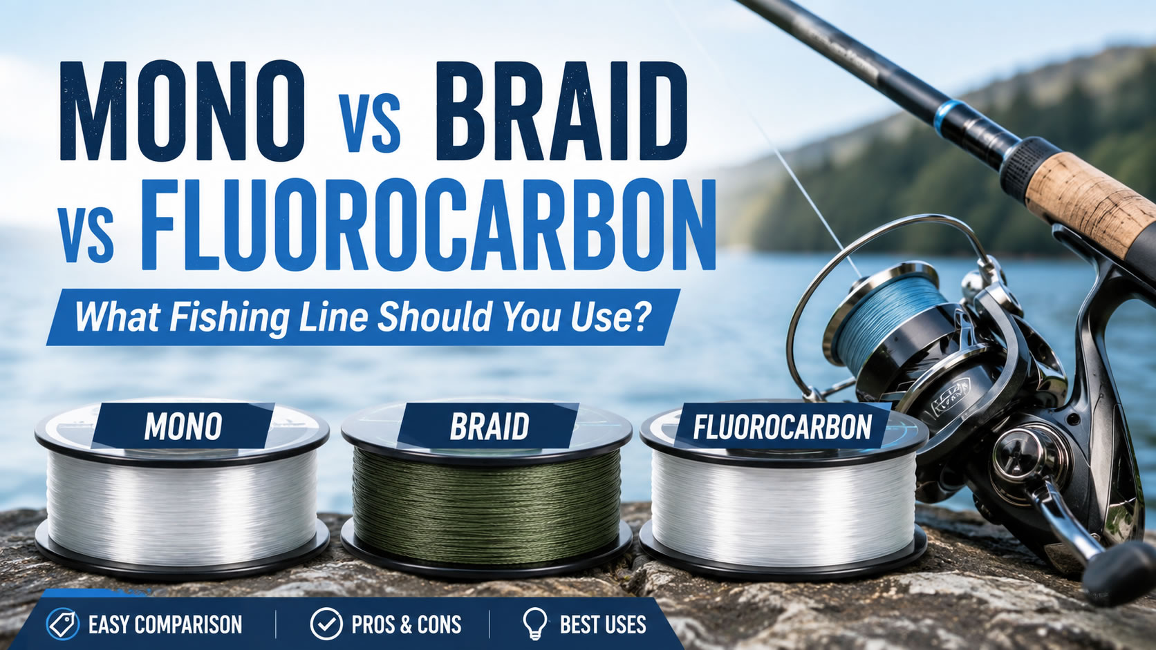 Monofilament, braided line, and fluorocarbon fishing line compared with a spinning reel and rod