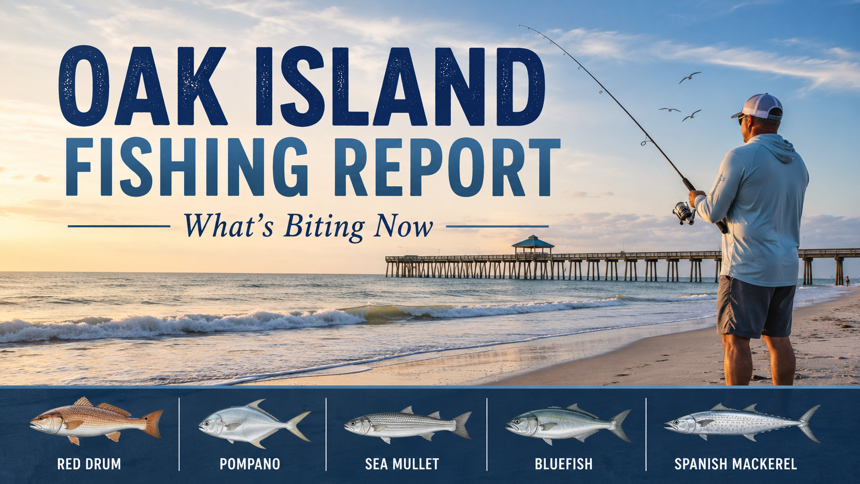 Oak Island fishing report graphic showing red drum, pompano, sea mullet, bluefish, and Spanish mackerel