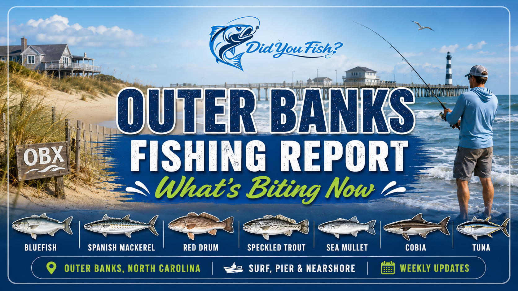Outer Banks fishing report graphic for surf, pier, soundside, nearshore, and offshore fishing