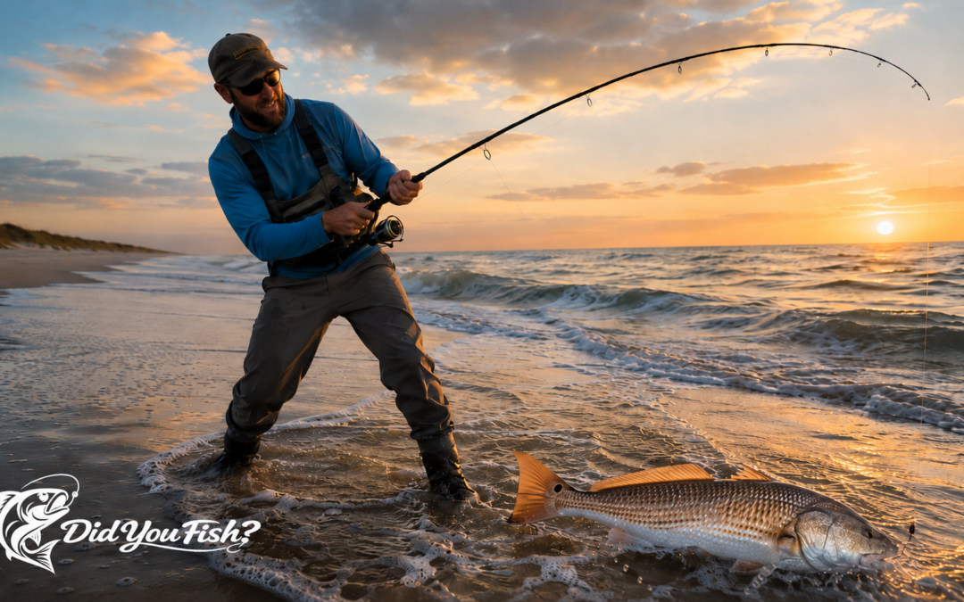 Angler surf fishing for red drum from a North Carolina beach