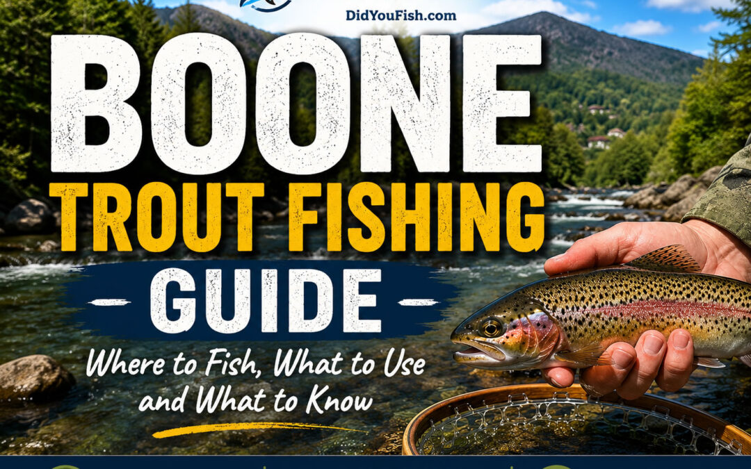 Boone trout fishing guide featured image showing a mountain stream, rainbow trout, and High Country fishing tips for Watauga County anglers
