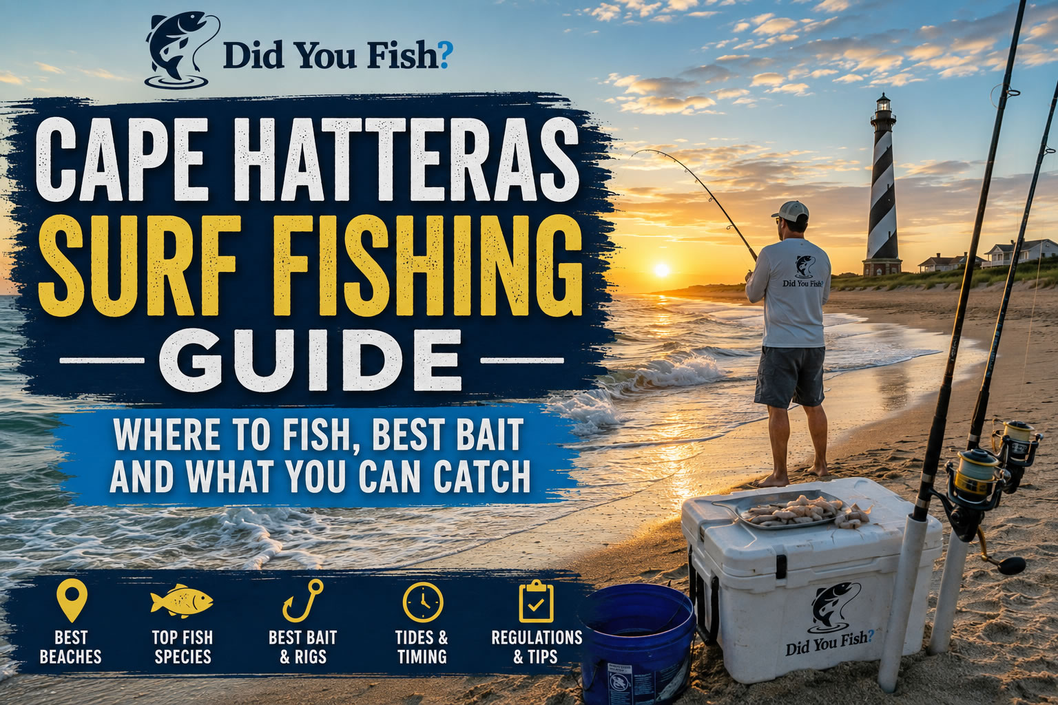 Angler surf fishing at Cape Hatteras with the Cape Hatteras Lighthouse in the background