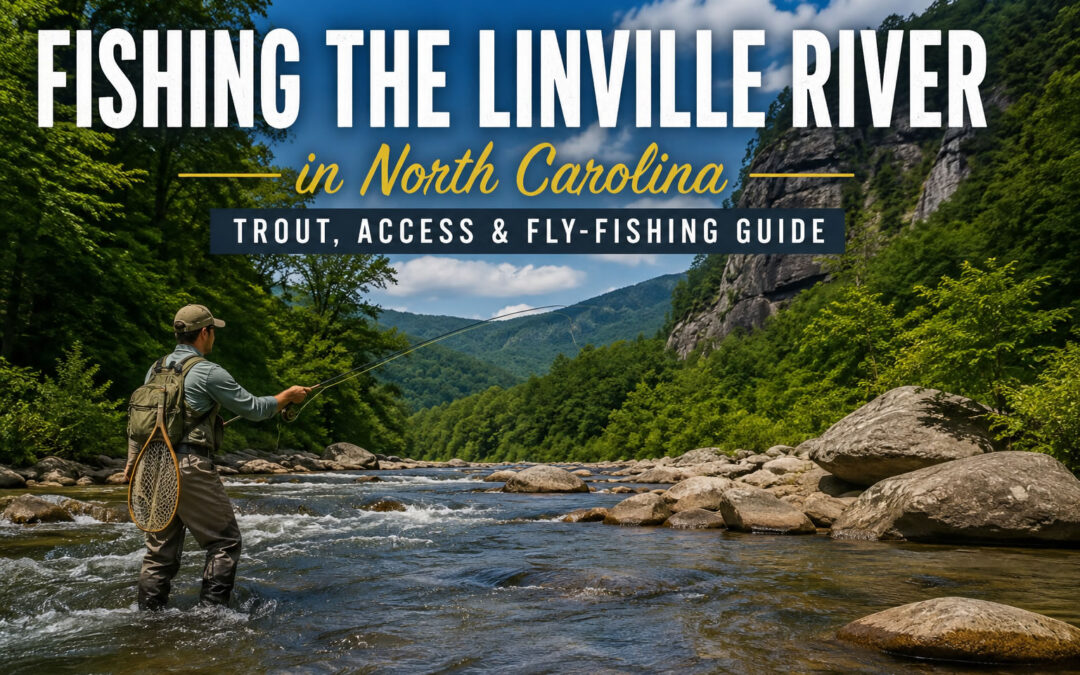 Fly fisherman casting in the rocky Linville River surrounded by forested mountains in western North Carolina.
