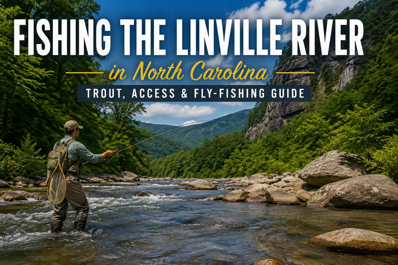 Fly fisherman casting in the rocky Linville River surrounded by forested mountains in western North Carolina.