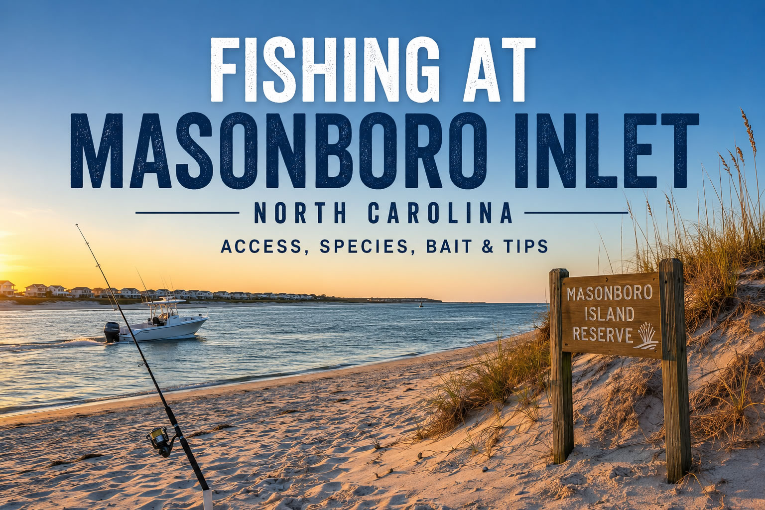 Fishing at Masonboro Inlet in North Carolina with a boat, fishing rod, sandy shoreline and coastal dunes.
