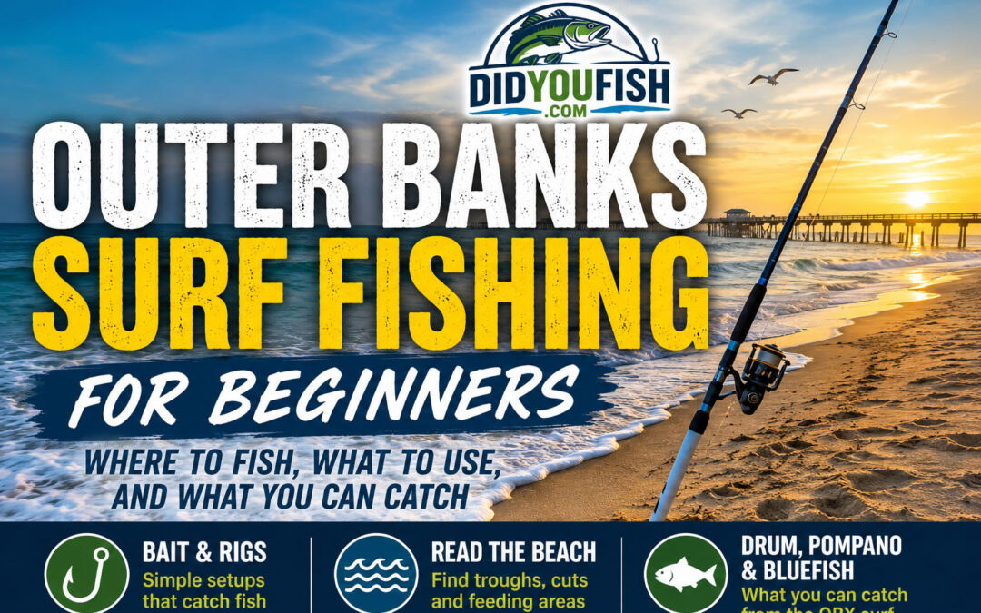 Outer Banks surf fishing for beginners featured image showing a surf rod on the beach with bait, rigs, and fish to catch from the OBX surf