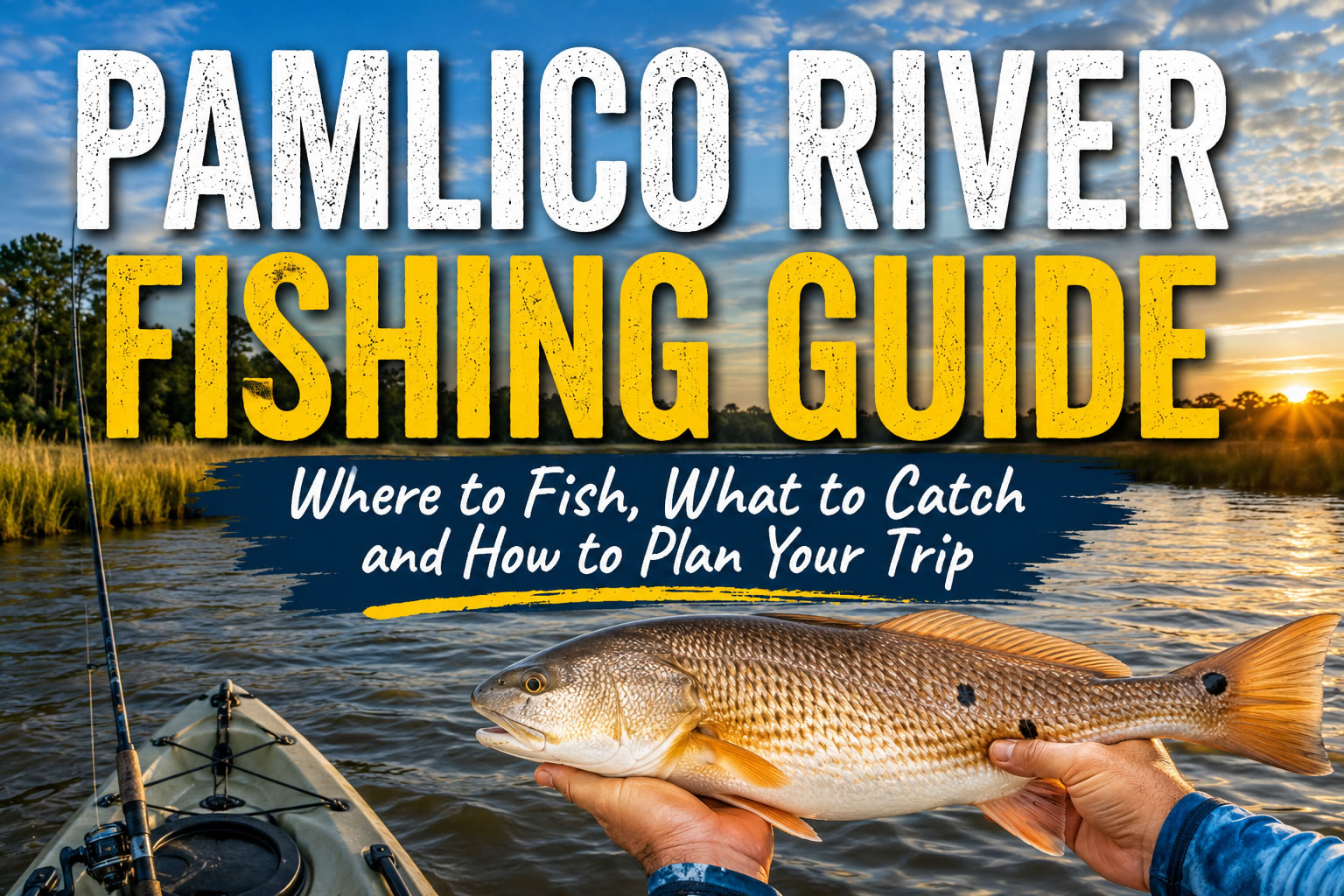 Pamlico River fishing guide featuring a red drum, fishing kayak and brackish river scenery in eastern North Carolina