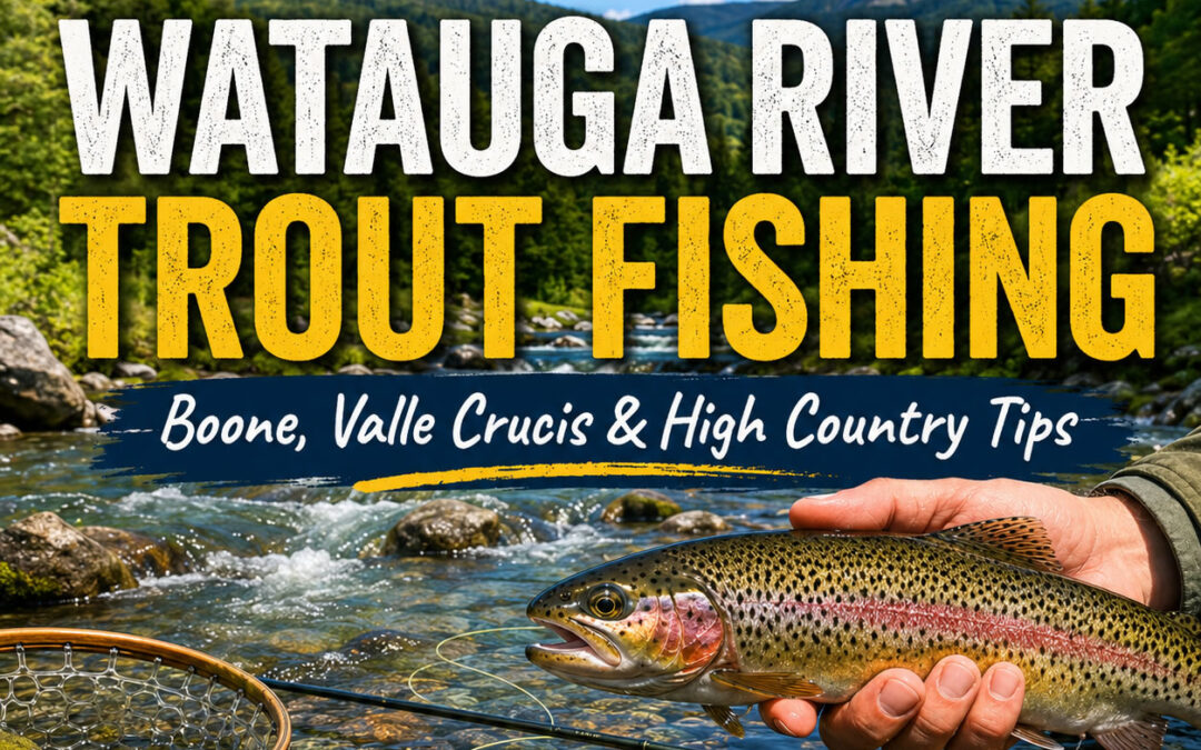 Watauga River trout fishing guide featured image showing a mountain stream, rainbow trout, and High Country fishing tips near Boone and Valle Crucis