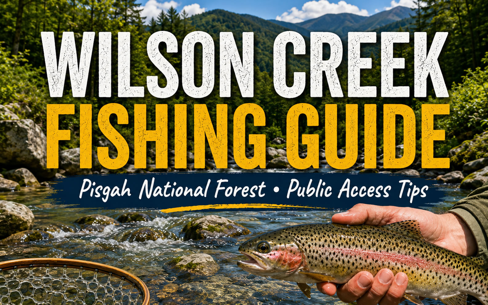 Wilson Creek fishing guide featuring a rainbow trout and mountain stream in Pisgah National Forest, North Carolina